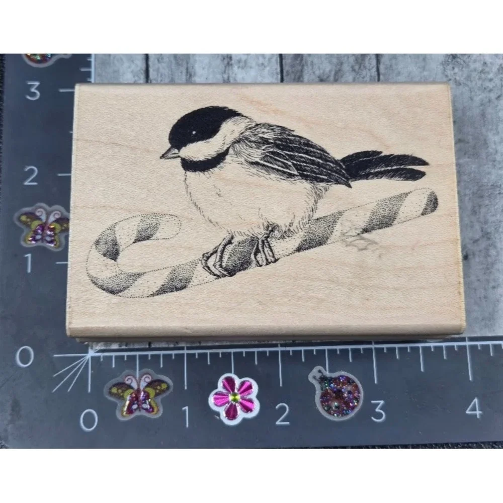 Impression Obsession Candy Cane Chickadee E7022 Christmas Rubber Stamp Wood #K19